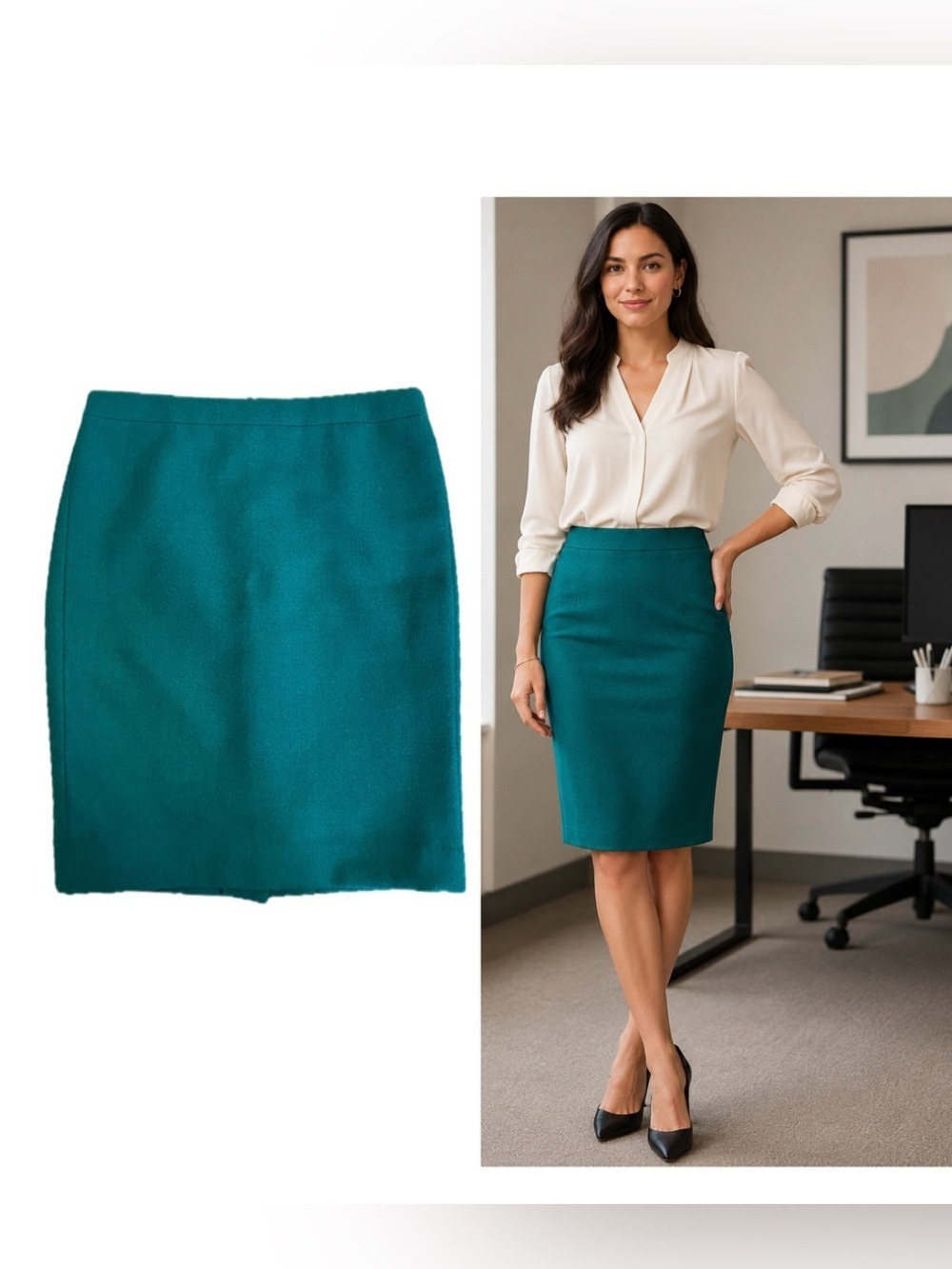 J.Crew aquamarine dark teal wool No. 2 Pencil Skirt Sz 8T business office classy